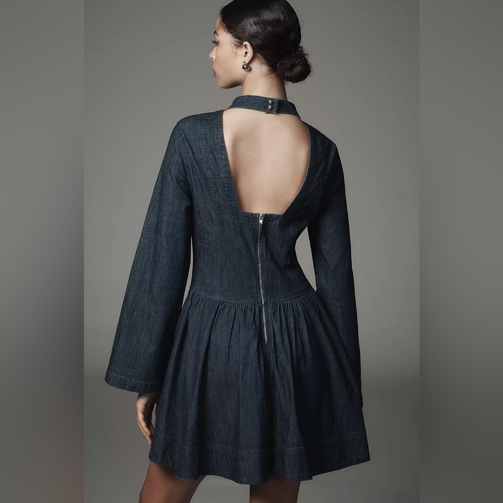 NWT Size XS - Porridge Long-Sleeve Denim Drop-Waist Mini Dress
